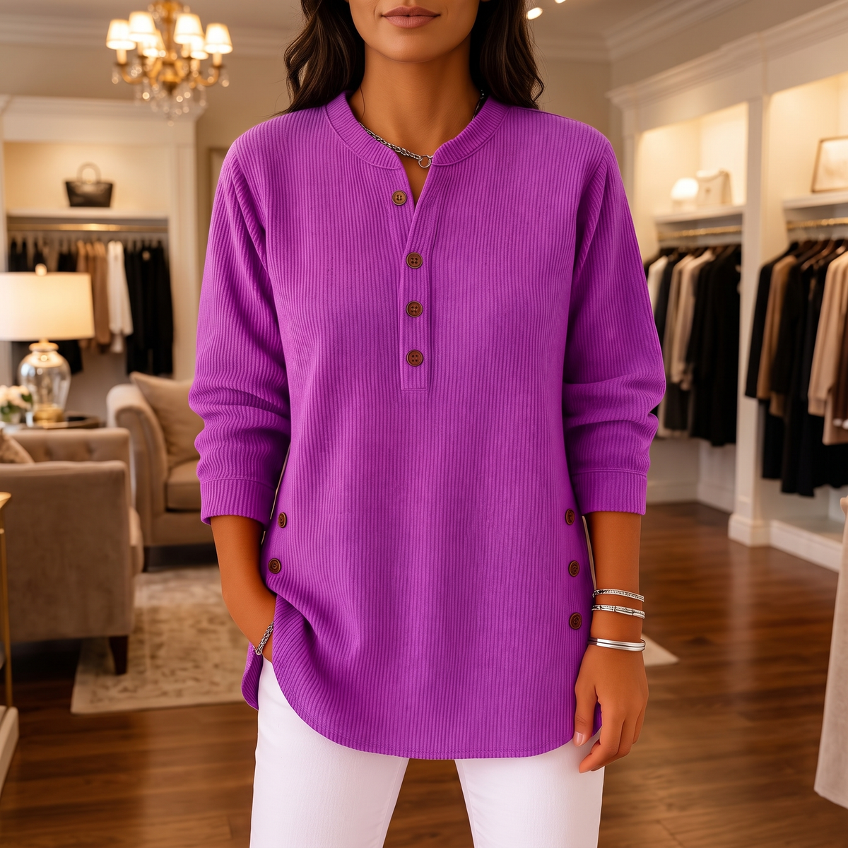 Milana Longline Henley Ribbed Tunic Top - editorial