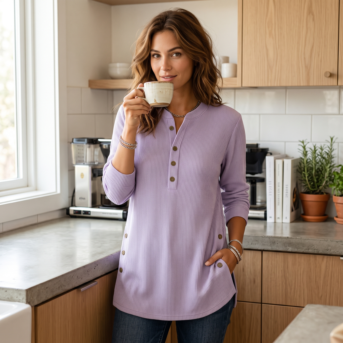 Milana Longline Henley Ribbed Tunic Top - editorial