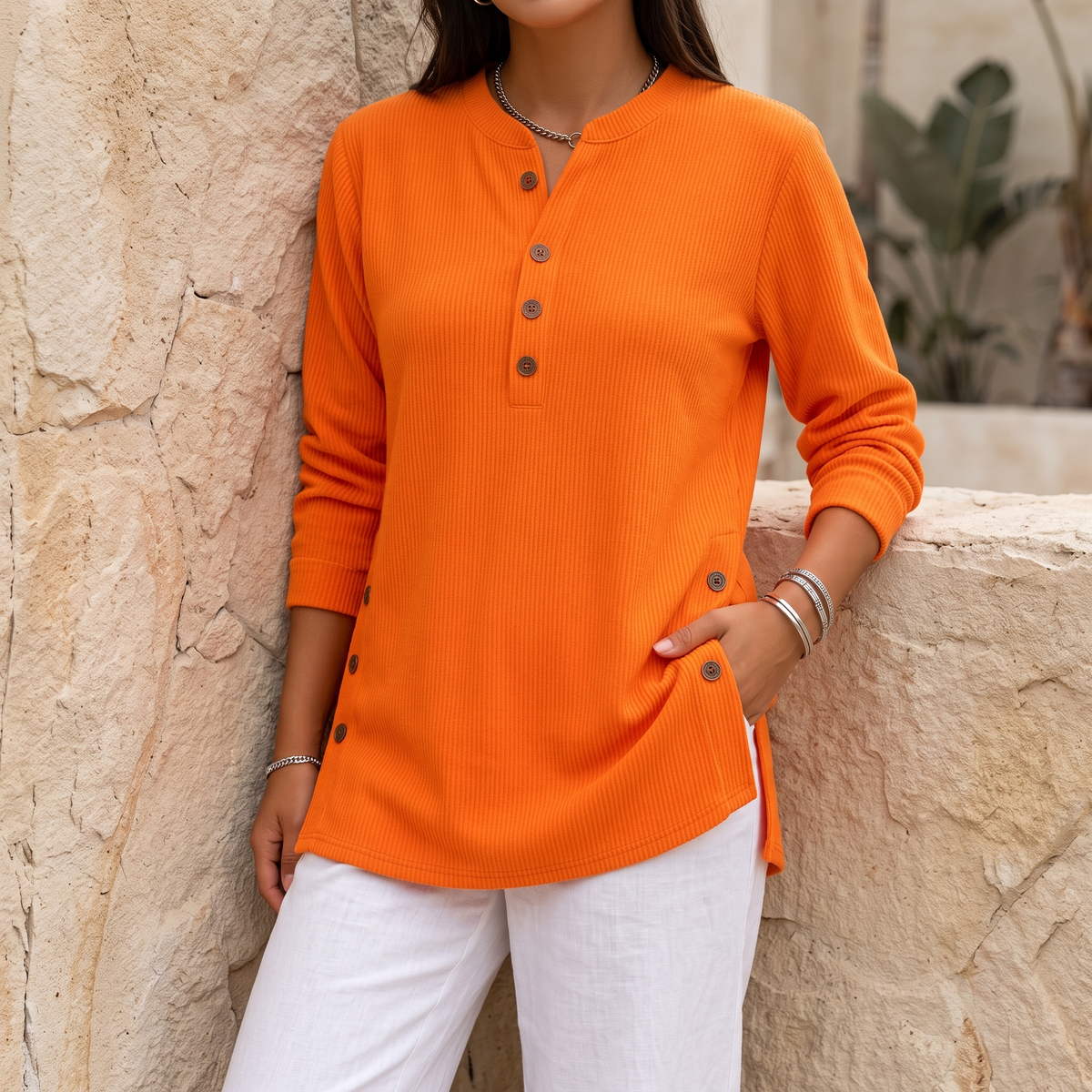 Milana Longline Henley Ribbed Tunic Top - editorial