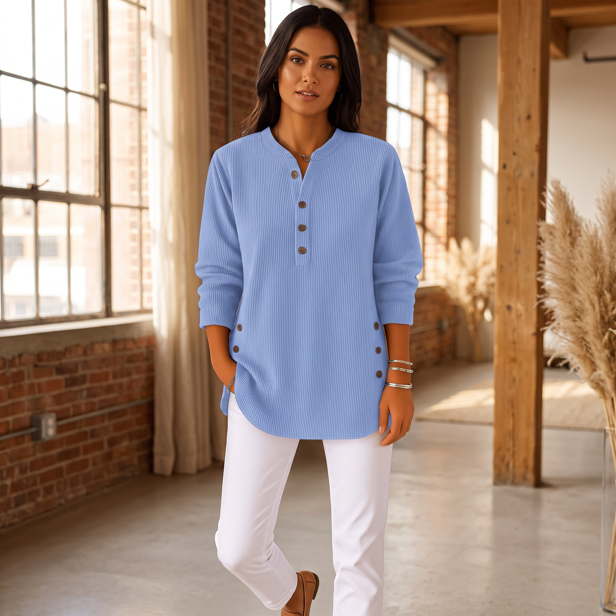 Milana Longline Henley Ribbed Tunic Top - editorial