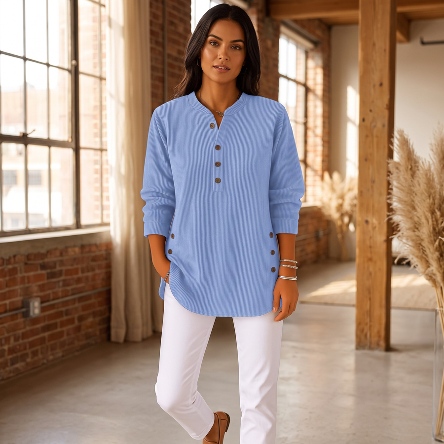 Women's Longline Henley Ribbed Tunic Top - Long Sleeve