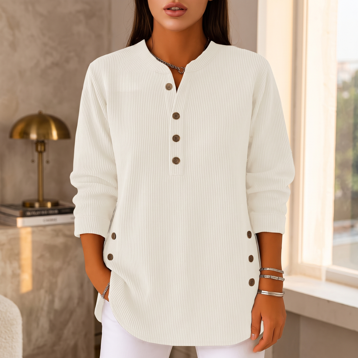 Milana Longline Henley Ribbed Tunic Top - editorial