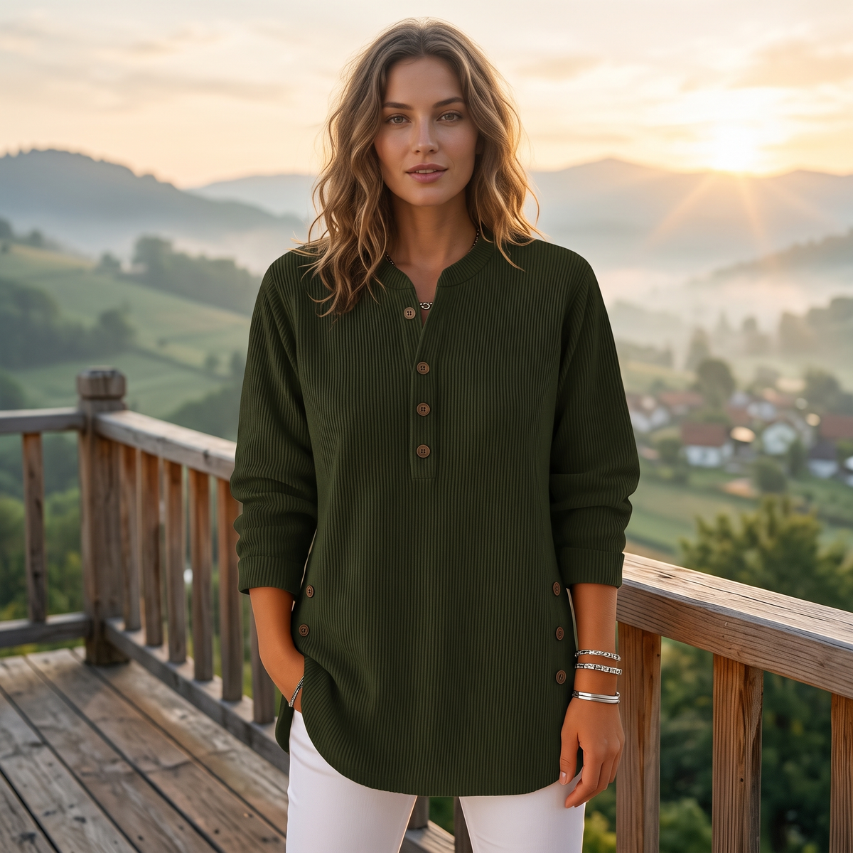 Milana Longline Henley Ribbed Tunic Top - editorial