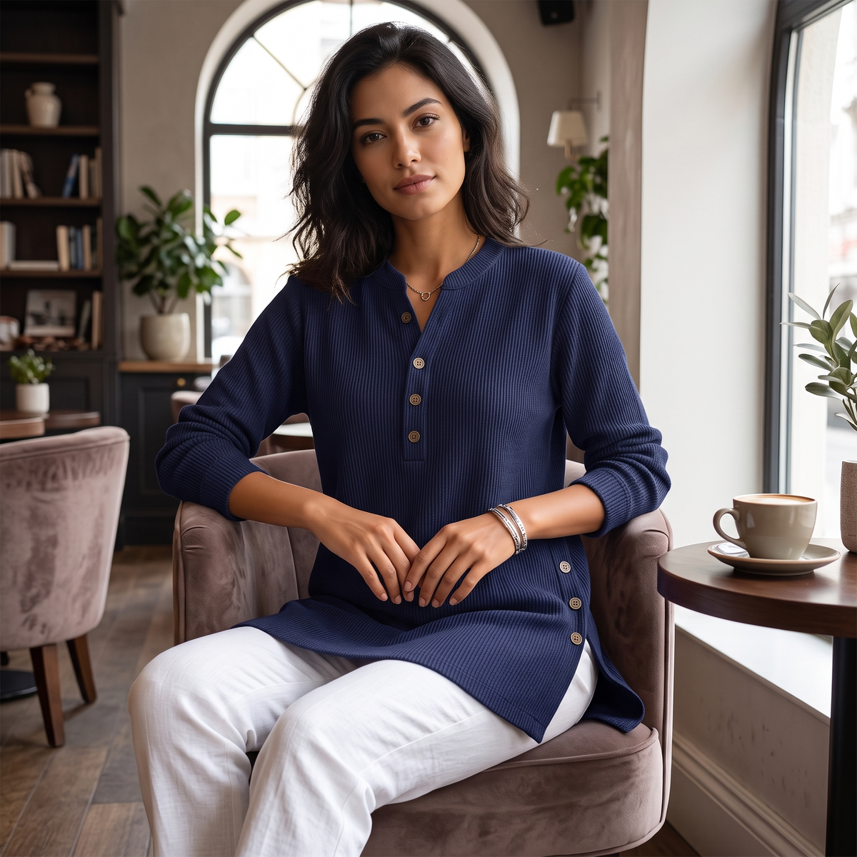 Milana Longline Henley Ribbed Tunic Top - editorial