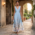 Floral Wedding Guest Midi Dress - A-Line V-Neck Short Sleeve