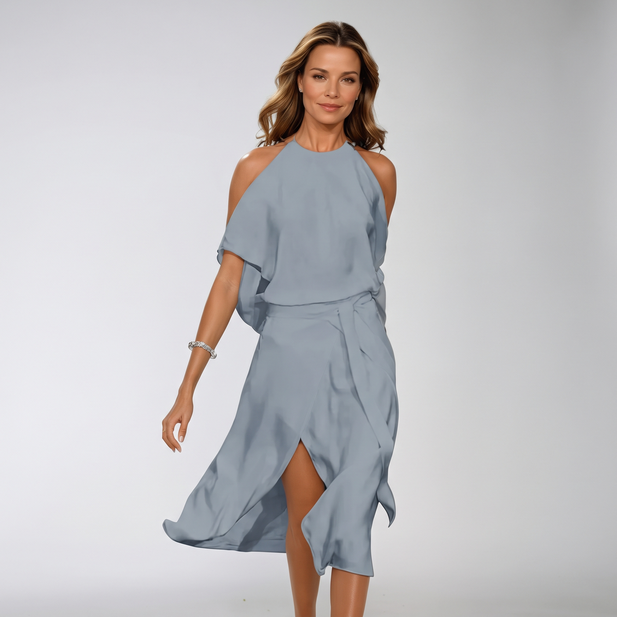Women's Midi Dress with Halter Neckline and Cold Shoulder Sleeves