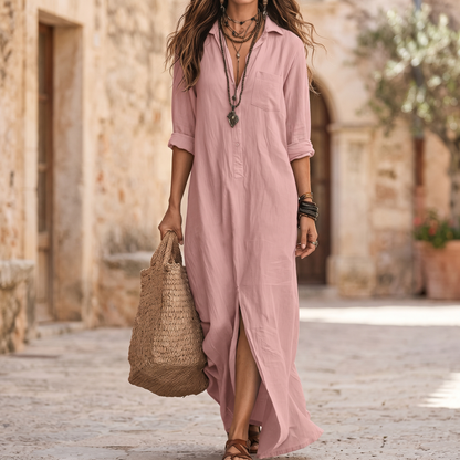 Casual Woven Shirt Dress with Button Placket and Side Slits