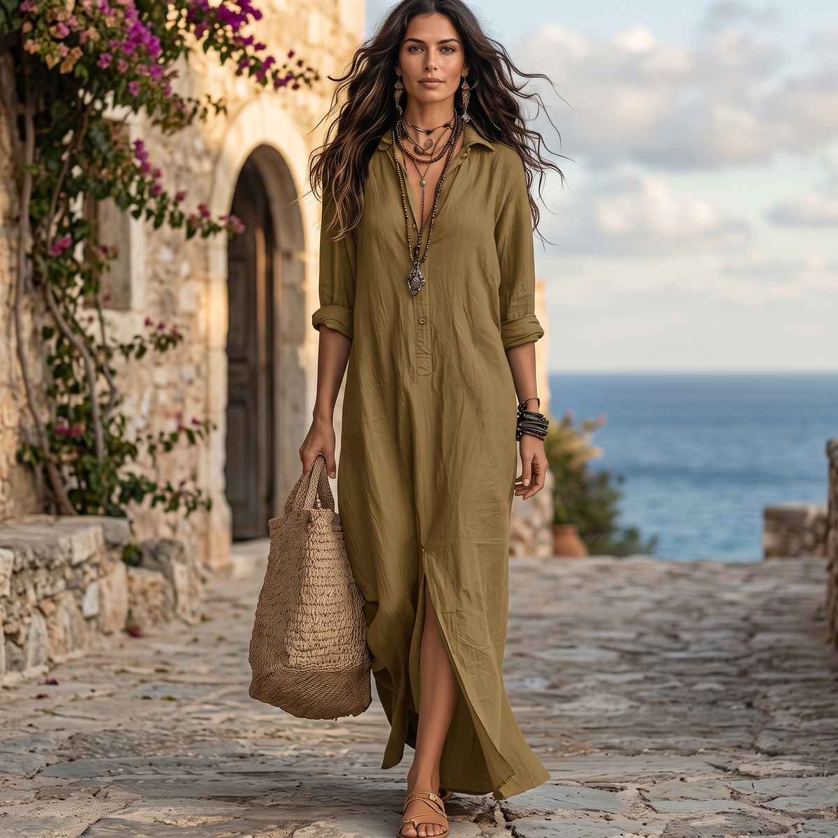 Casual Woven Shirt Dress with Button Placket and Side Slits