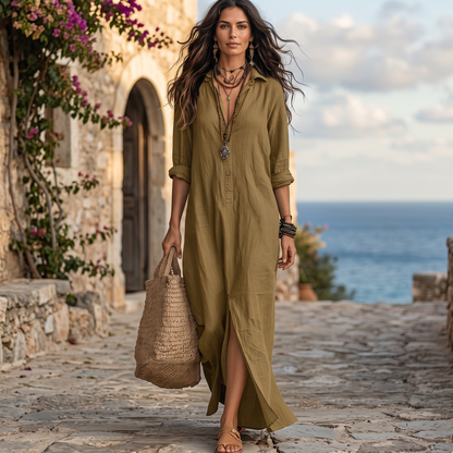 Casual Woven Shirt Dress with Button Placket and Side Slits