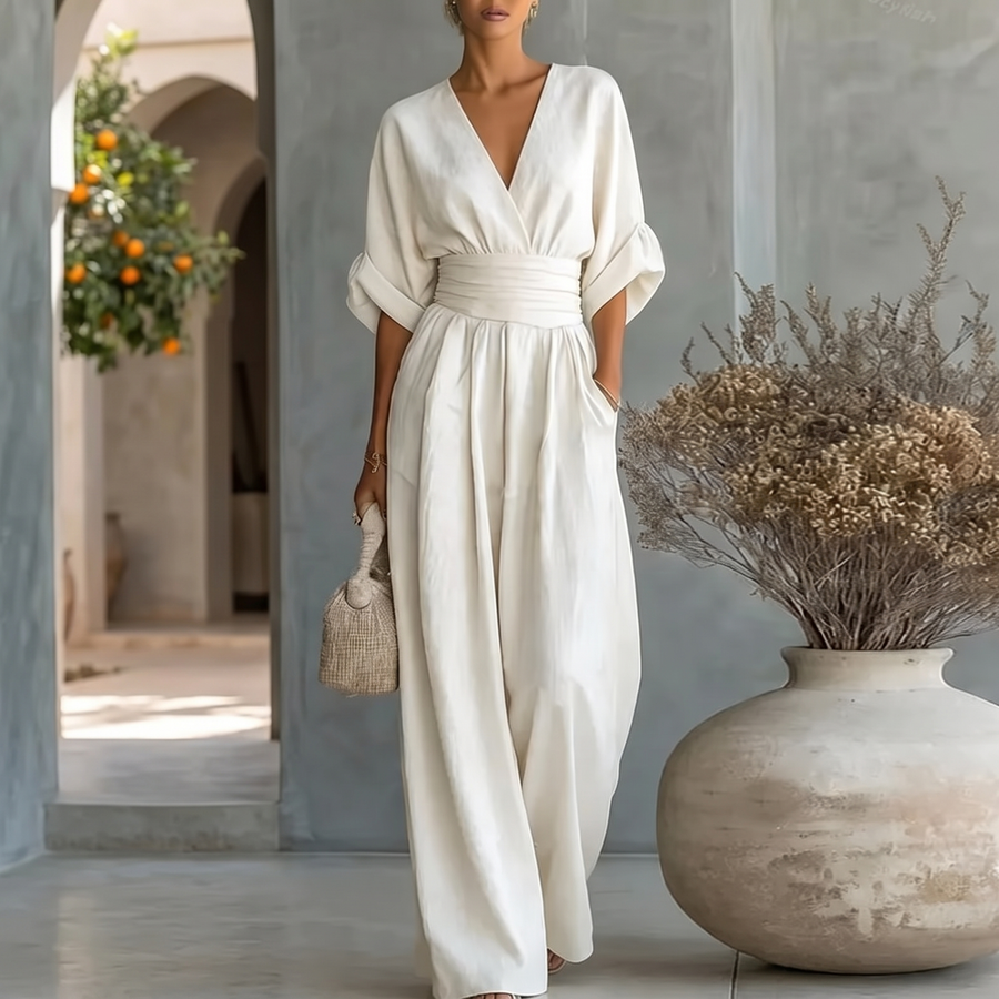 Women's Wide-Leg Jumpsuit - Surplice V-Neck Batwing Sleeve