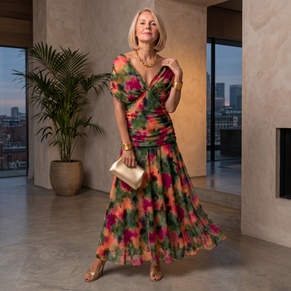 Printed Mesh Midi Dress with Draped Neckline and Ruched Bodice