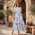 Women's Floral A-Line Midi Dress - Short Sleeve Summer Dress