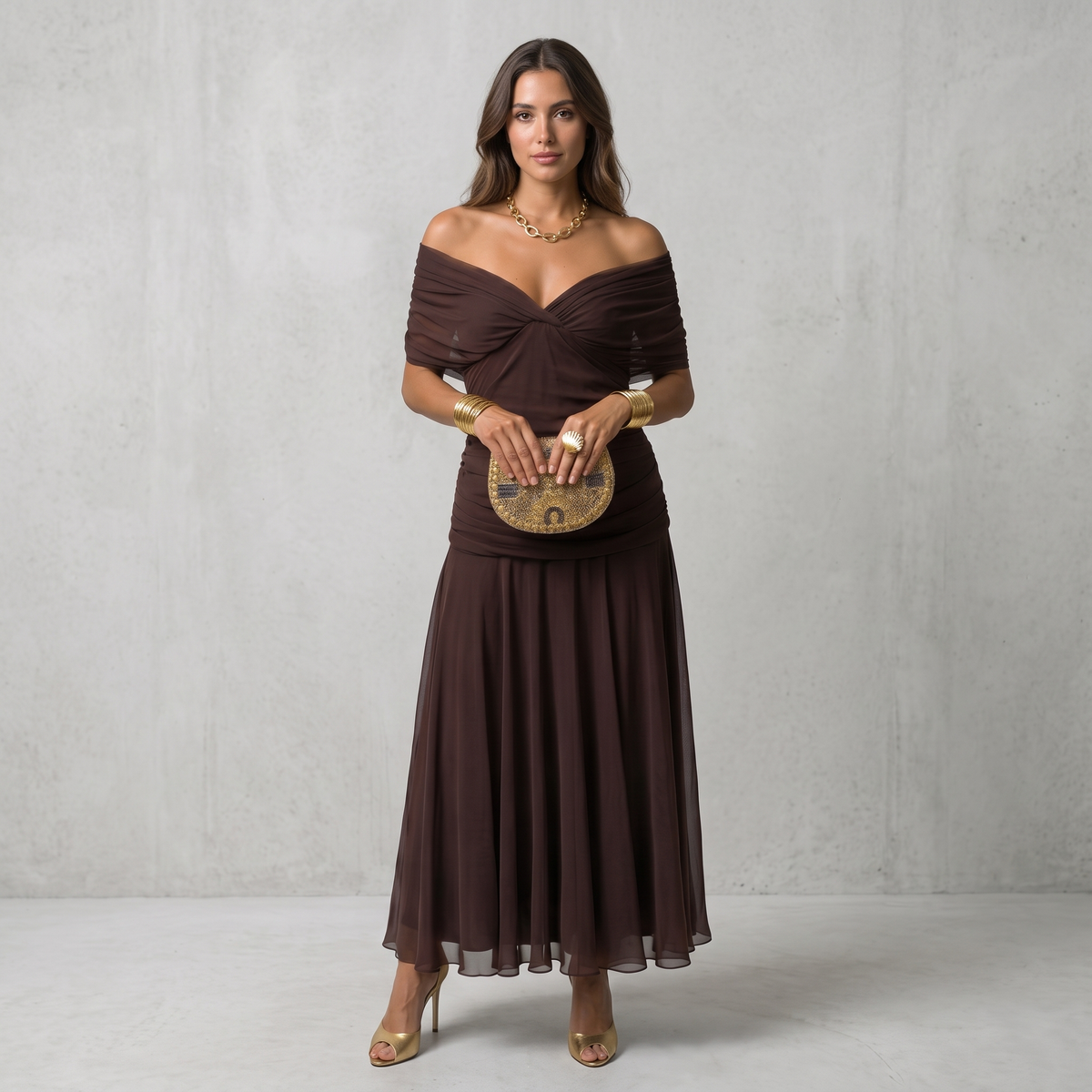Printed Mesh Midi Dress with Draped Neckline and Ruched Bodice