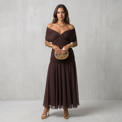 Printed Mesh Midi Dress with Draped Neckline and Ruched Bodice