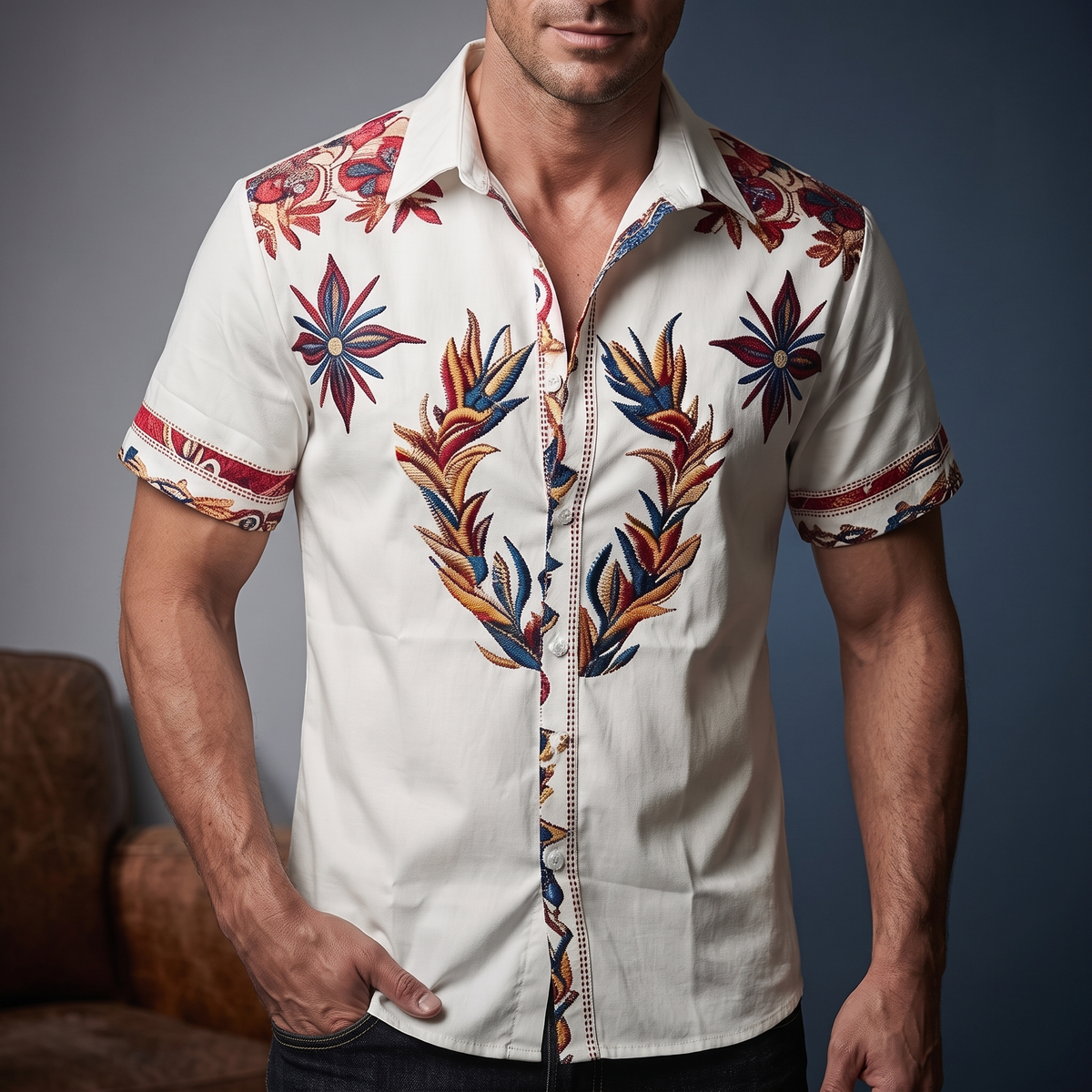 Men's Western Floral Print Short-Sleeve Shirt