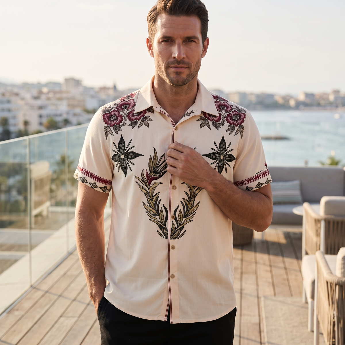 Men's Western Floral Print Short-Sleeve Shirt