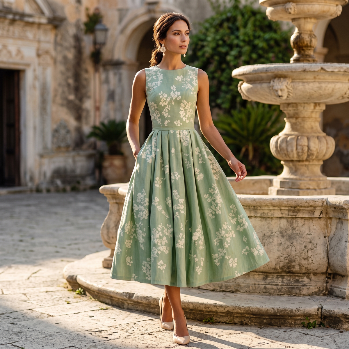 Midi Dress – Off-Shoulder Floral Swing - Green
