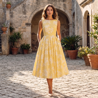 Midi Dress – Off-Shoulder Floral Swing - Yellow