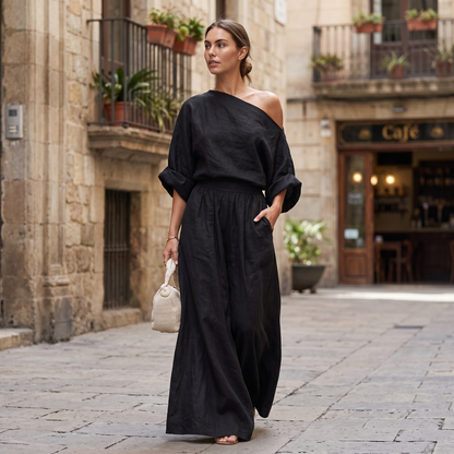 Sophia Reynolds | One Shoulder Linen Maxi Set For Women