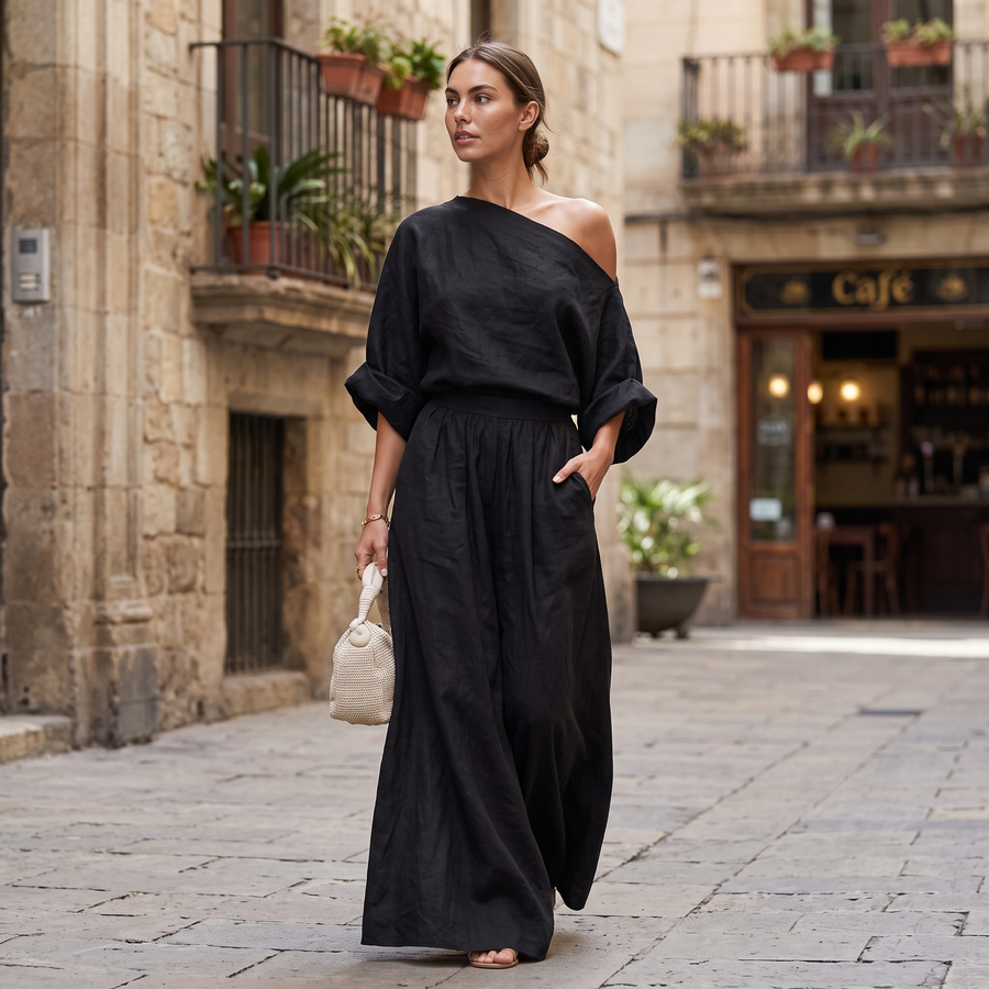 One Shoulder Linen Maxi Set - Women's Two Piece Summer Look