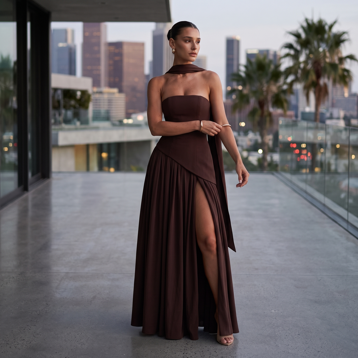 Crimson Allure | Strapless Maxi Gown with Matching Scarf