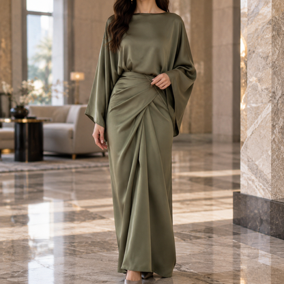 Women's Draped Maxi Dress - Boat Neck Batwing Sleeve Wrap
