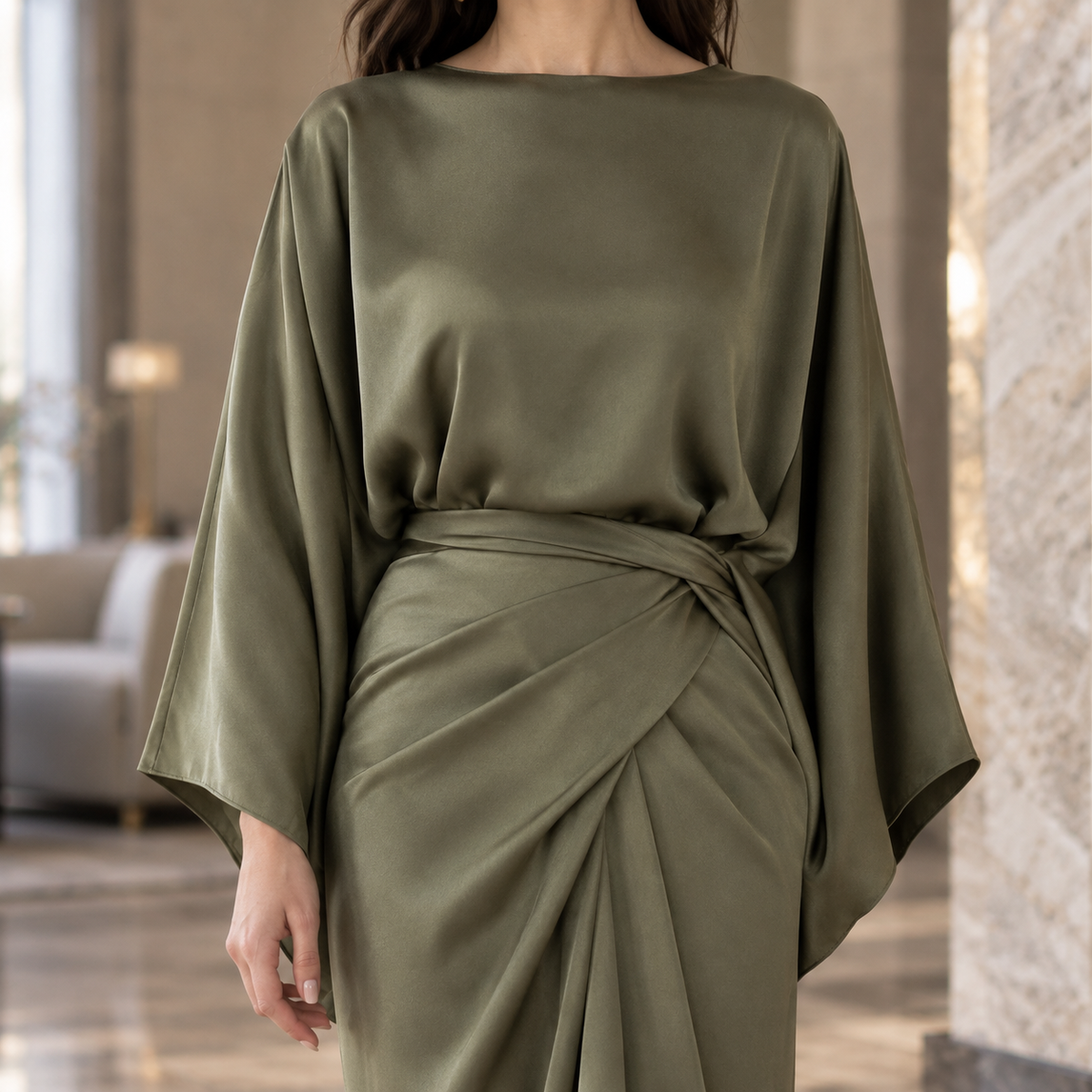 Women's Draped Maxi Dress - Boat Neck Batwing Sleeve Wrap