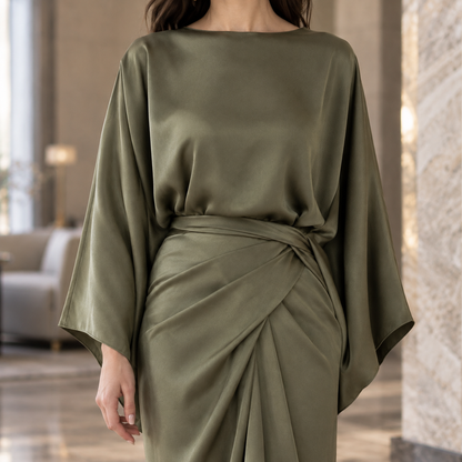 Women's Draped Maxi Dress - Boat Neck Batwing Sleeve Wrap