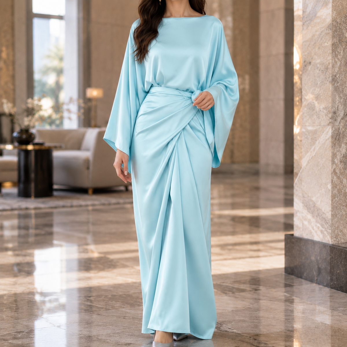 Women's Draped Maxi Dress - Boat Neck Batwing Sleeve Wrap