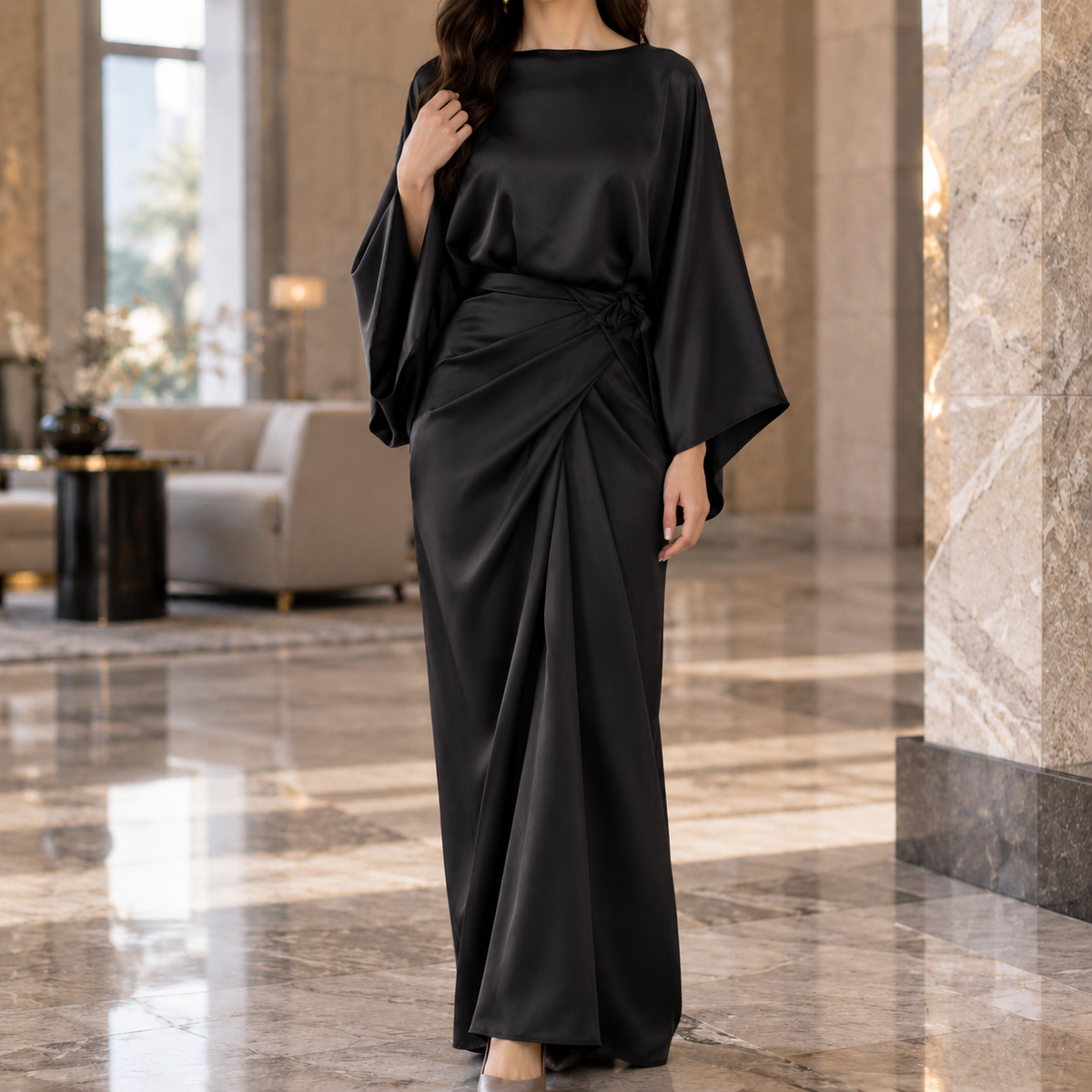 Women's Draped Maxi Dress - Boat Neck Batwing Sleeve Wrap