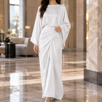 Women's Draped Maxi Dress - Boat Neck Batwing Sleeve Wrap