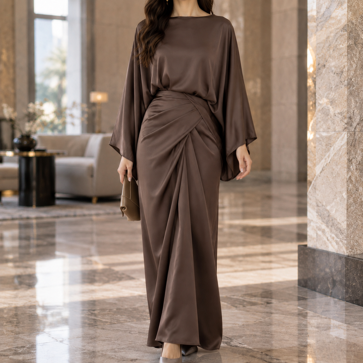 Women's Draped Maxi Dress - Boat Neck Batwing Sleeve Wrap