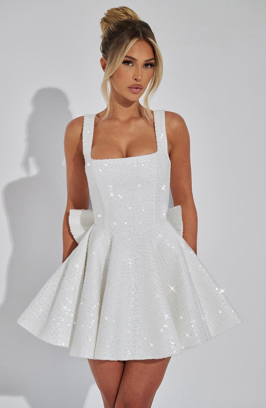 Women's Sequin Tweed Mini Dress - Square Neck Party Dress