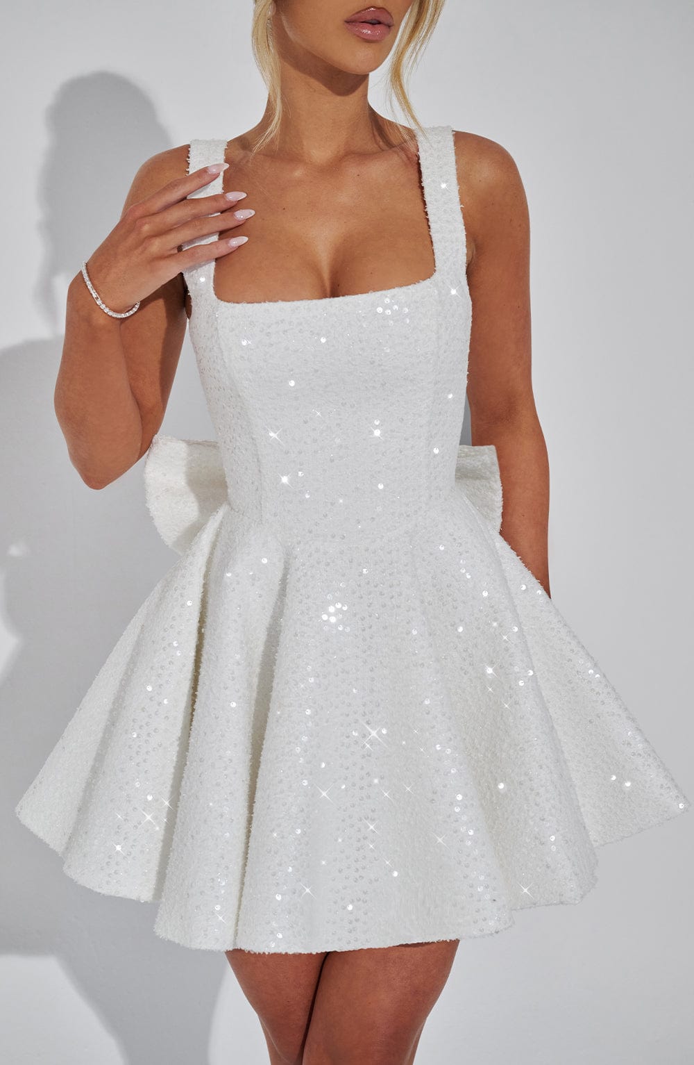 Women's Sequin Tweed Mini Dress - Square Neck Party Dress