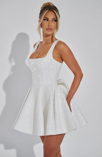 Women's Sequin Tweed Mini Dress - Square Neck Party Dress