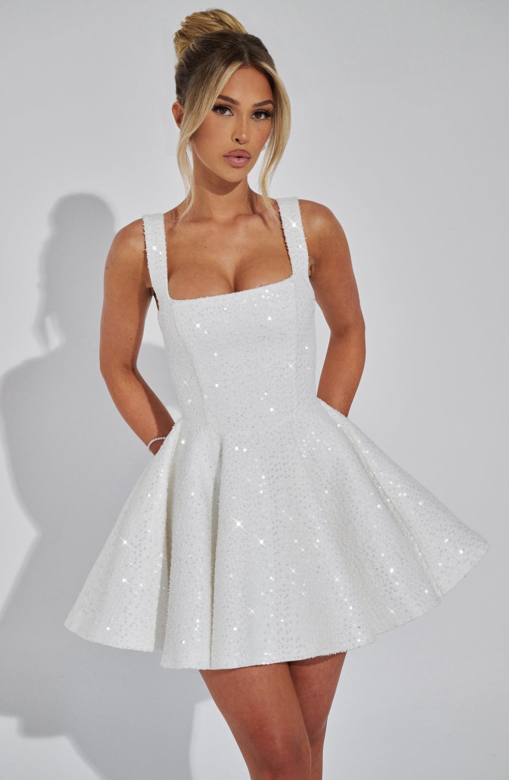 Women's Sequin Tweed Mini Dress - Square Neck Party Dress