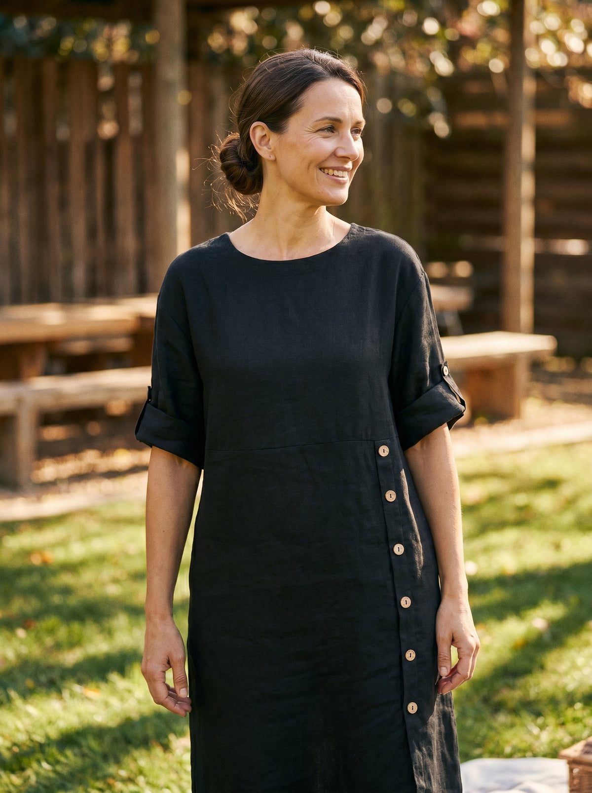 Women's 100% Linen Midi Dress - Asymmetric Round Neck Dress