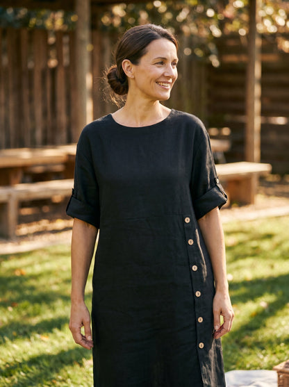 Women's 100% Linen Midi Dress - Asymmetric Round Neck Dress