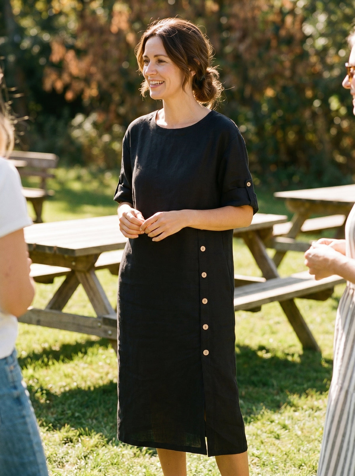 Women's 100% Linen Midi Dress - Asymmetric Round Neck Dress