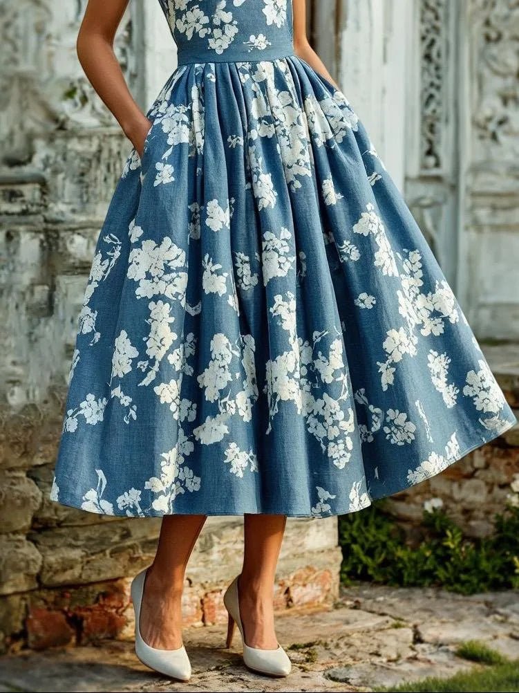 Off-Shoulder Floral Midi Dress - Short Sleeve Swing Dress