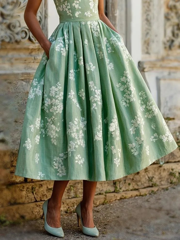 Off-Shoulder Floral Midi Dress - Short Sleeve Swing Dress