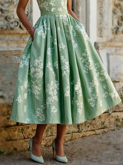 Off-Shoulder Floral Midi Dress - Short Sleeve Swing Dress
