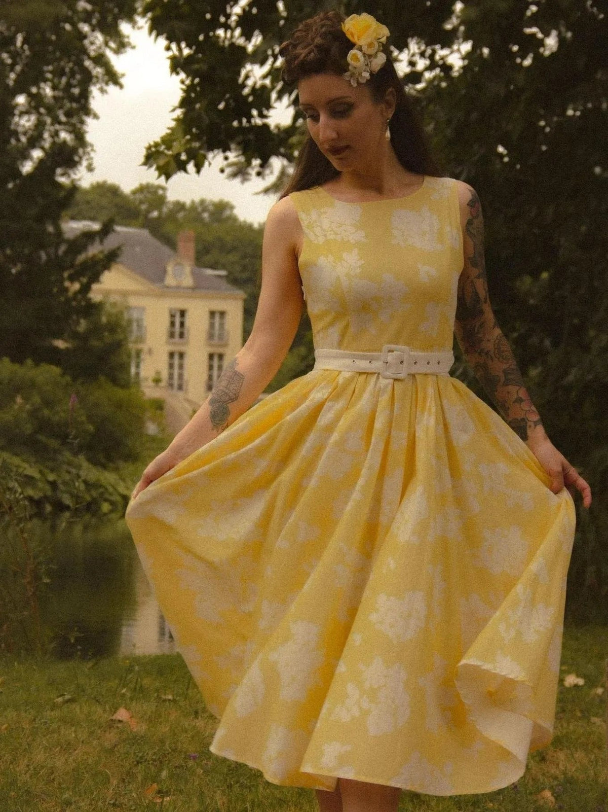 Off-Shoulder Floral Midi Dress - Short Sleeve Swing Dress