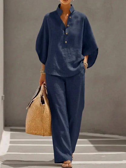 Linen Batwing Sleeve Top and Wide Leg Pants Set for Women