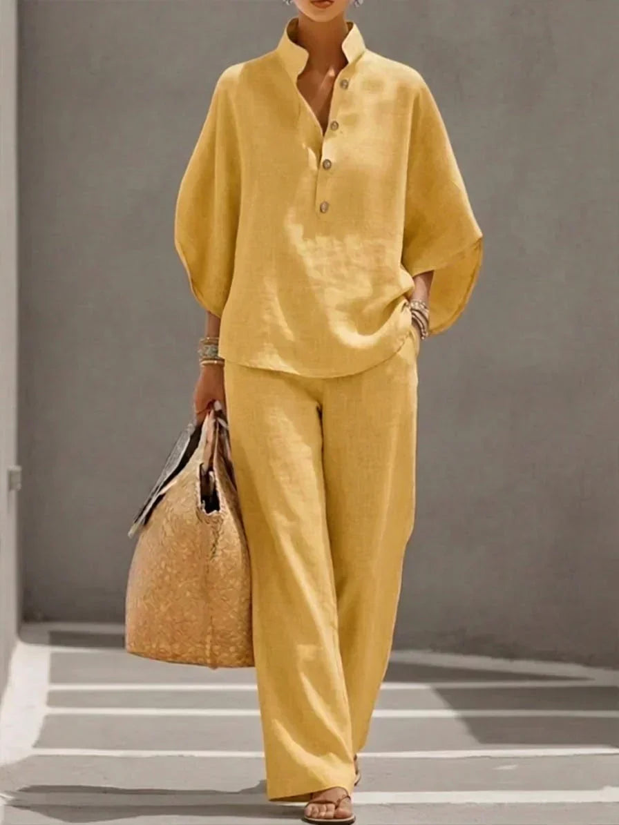 Linen Batwing Sleeve Top and Wide Leg Pants Set for Women