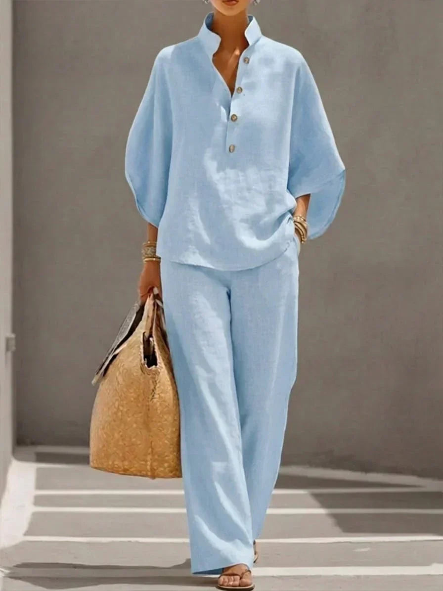 Linen Batwing Sleeve Top and Wide Leg Pants Set for Women