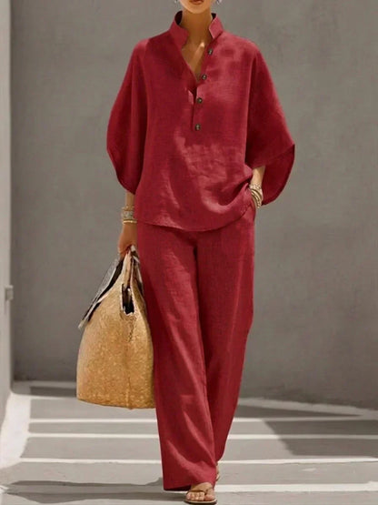 Linen Batwing Sleeve Top and Wide Leg Pants Set for Women