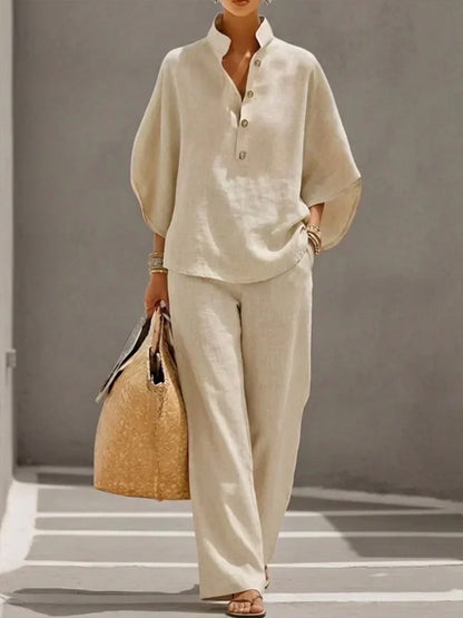 Linen Batwing Sleeve Top and Wide Leg Pants Set for Women