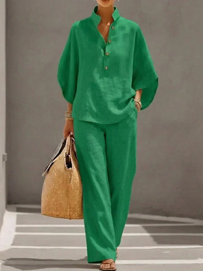 Linen Batwing Sleeve Top and Wide Leg Pants Set for Women