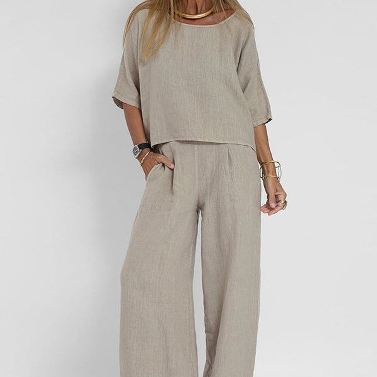 Women's Linen Blend Wide Leg Pants Set - Relaxed Two Piece